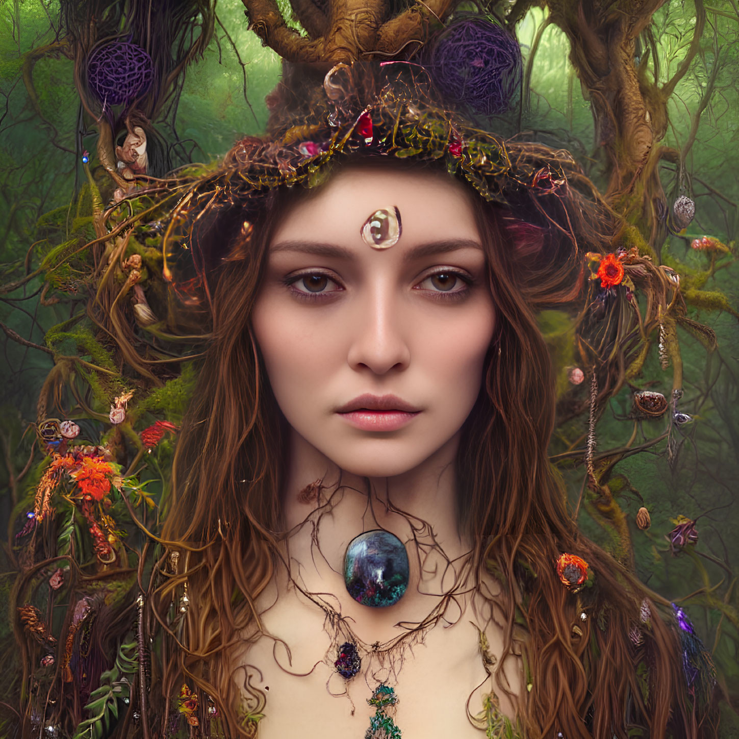 Woman adorned with nature-inspired elements in mystical forest setting