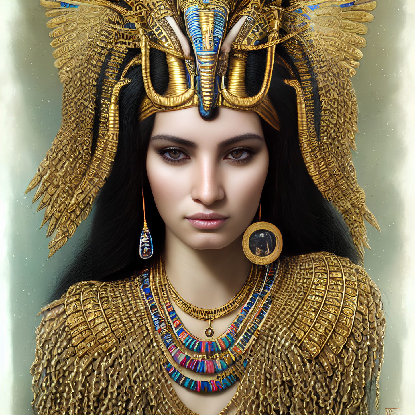 Digital portrait: Woman as ancient Egyptian pharaoh with golden headdress and jewelry