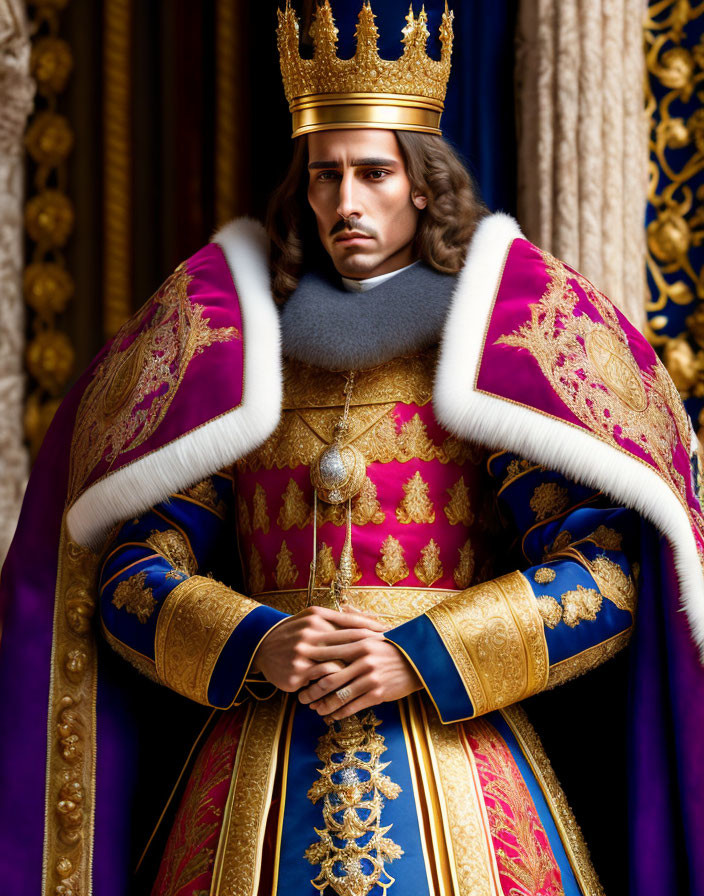 Regal man in golden crown and embroidered robe on purple and gold backdrop