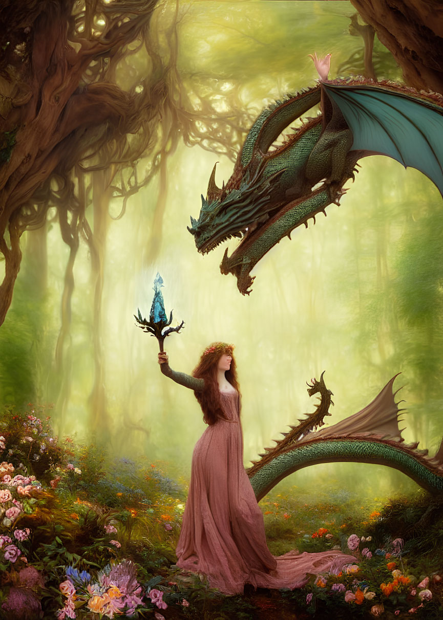 Woman with glowing crystal staff confronts green dragon in mystical forest