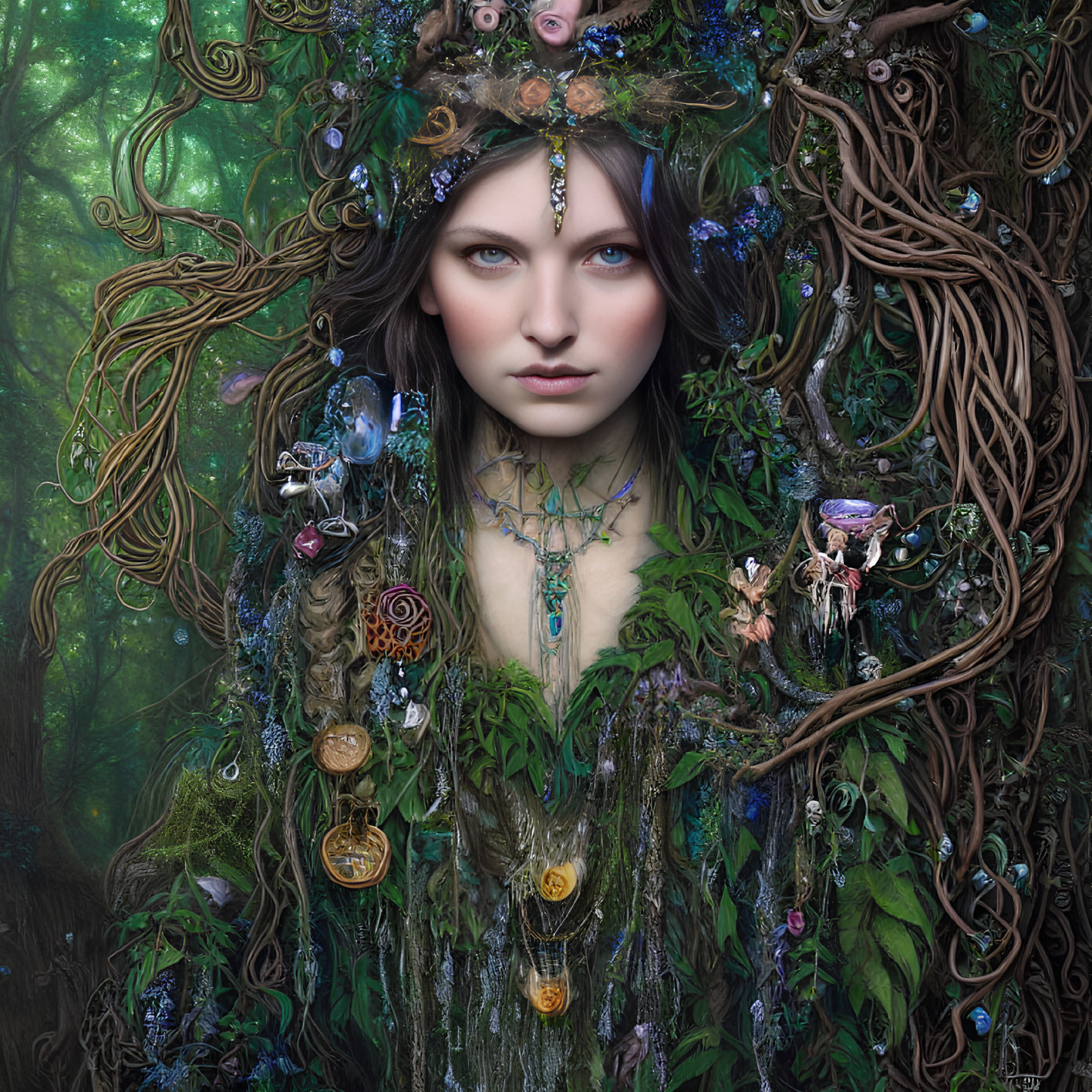 Portrait of woman with vine-like hair adorned with trinkets, flowers, and timepieces in mystical