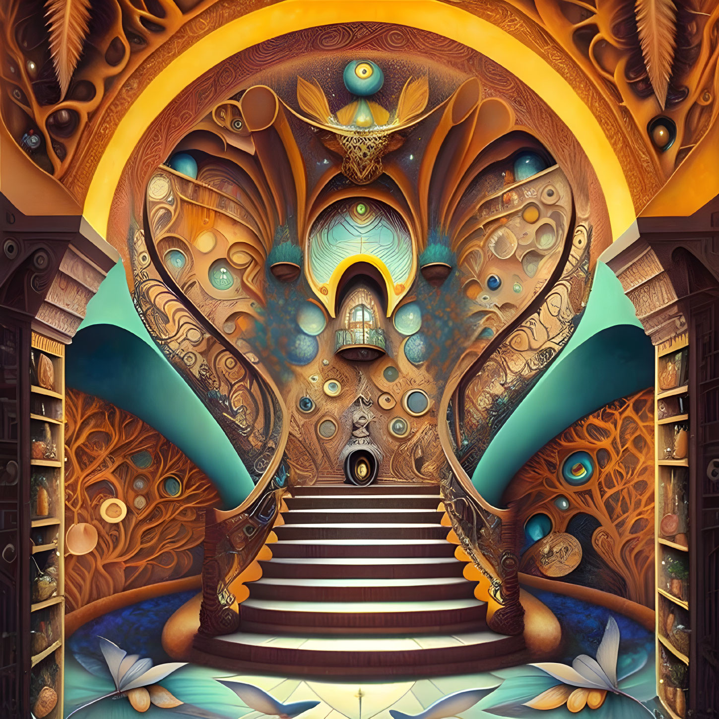 Symmetrical surreal artwork: staircases, golden patterns, eyes, fantastical elements