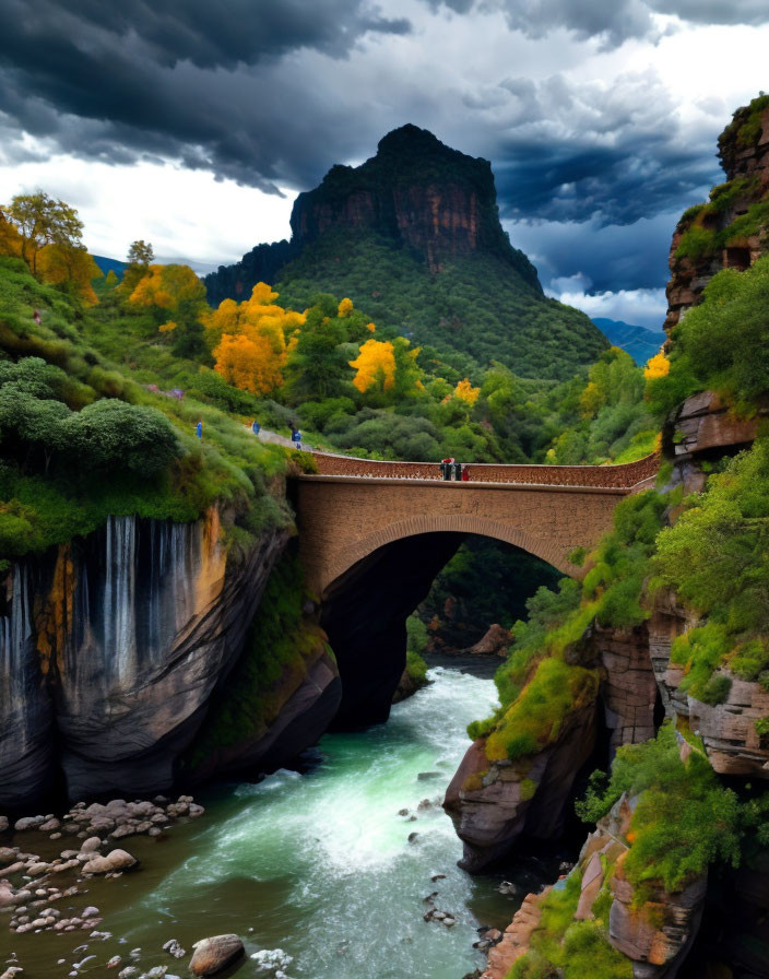 Stone Bridge Over River in Dramatic Gorge with Mountains and Stormy Sky