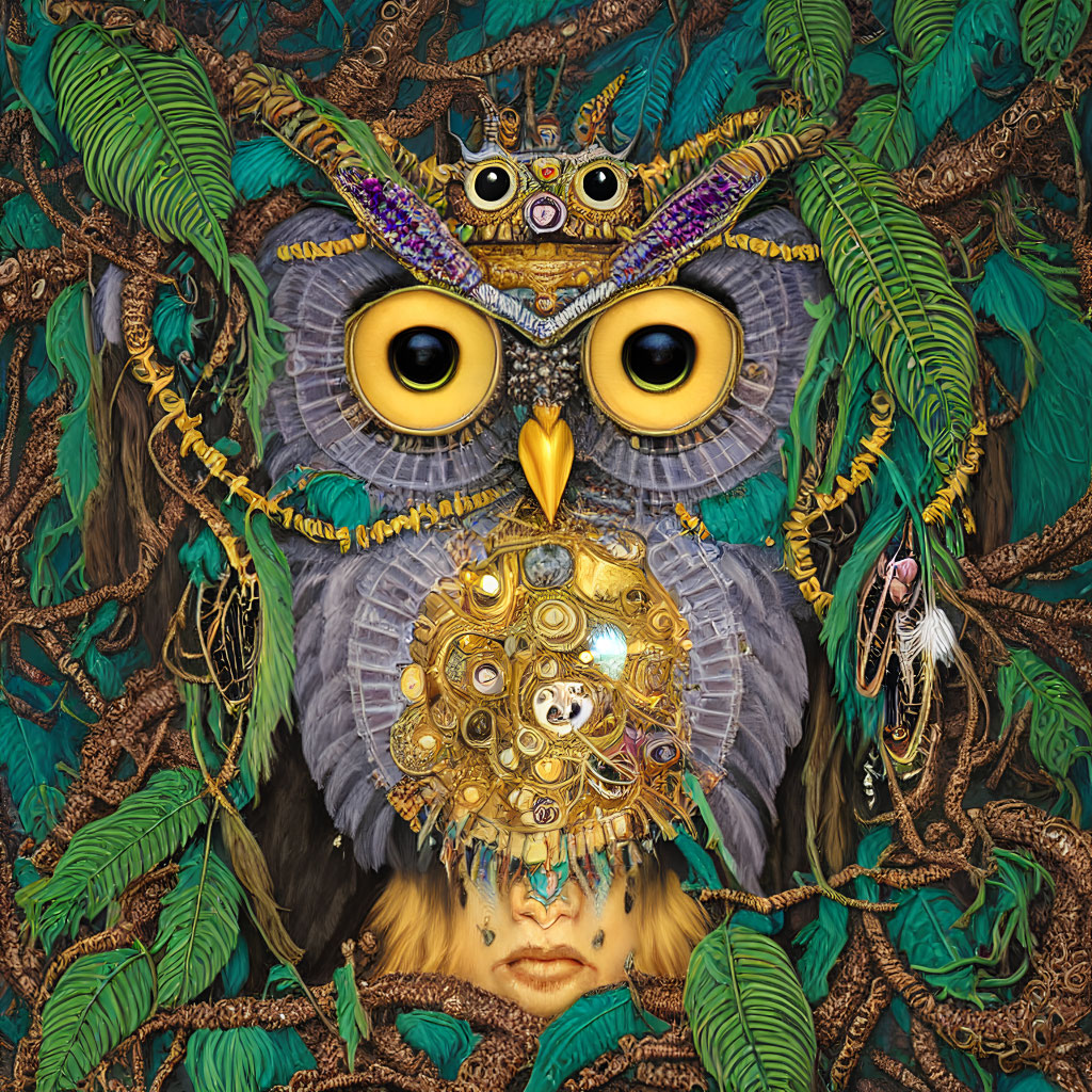 Intricate owl artwork with hidden human face in green foliage