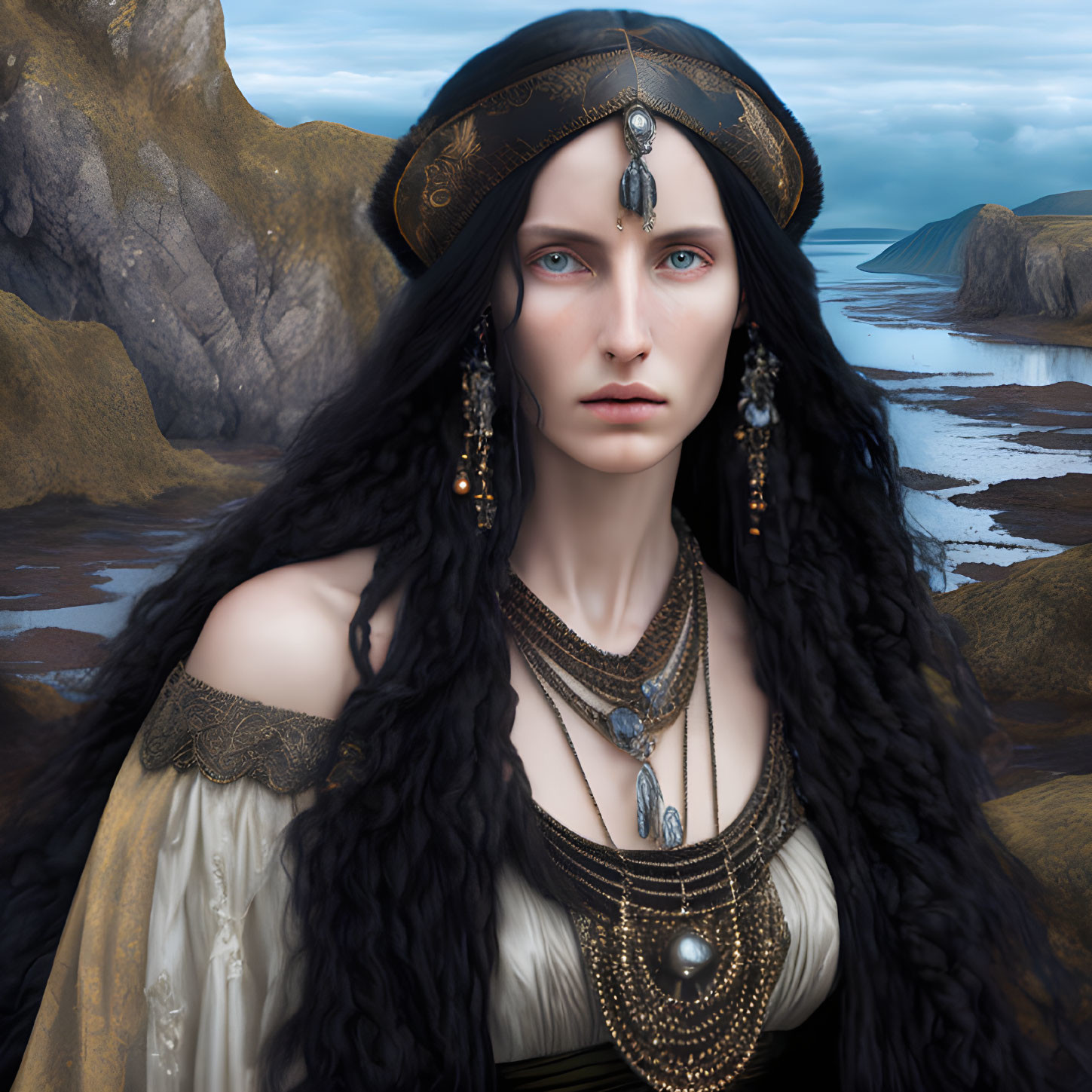 Fantasy portrait of woman with black hair and blue eyes on rocky coastline