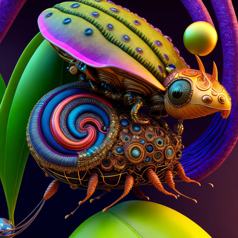 Vibrant surreal insect art with intricate patterns & swirling designs