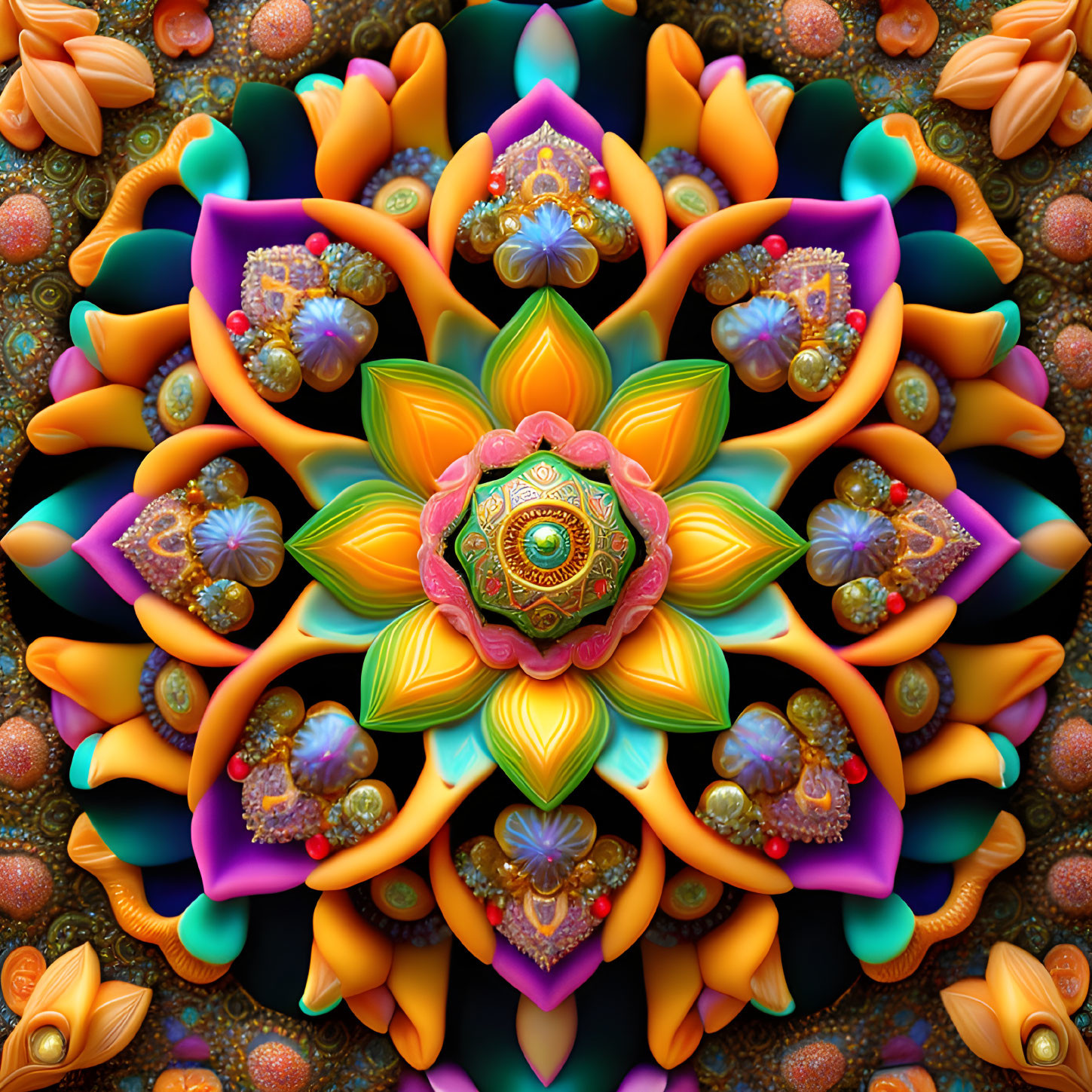 Symmetrical digital artwork: Vibrant kaleidoscopic mandala in rich colors