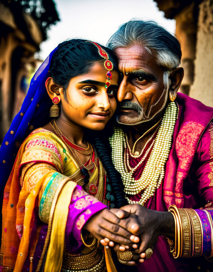 Young girl in blue sari with Indian jewelry leaning on contemplative elderly man