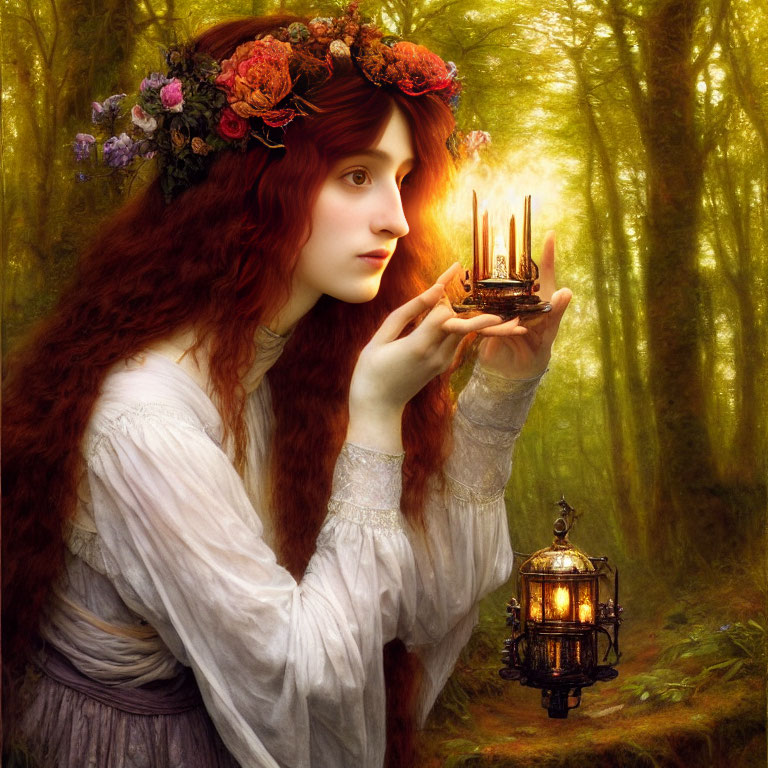 Red-haired woman in floral crown holds glowing ship in enchanted forest