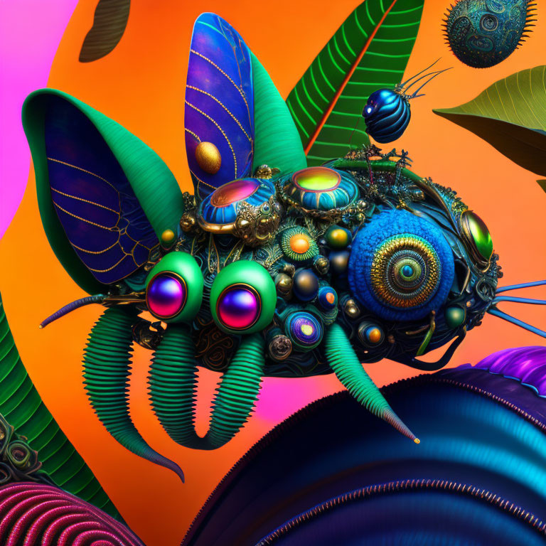 Colorful surreal insect-like creature on orange background