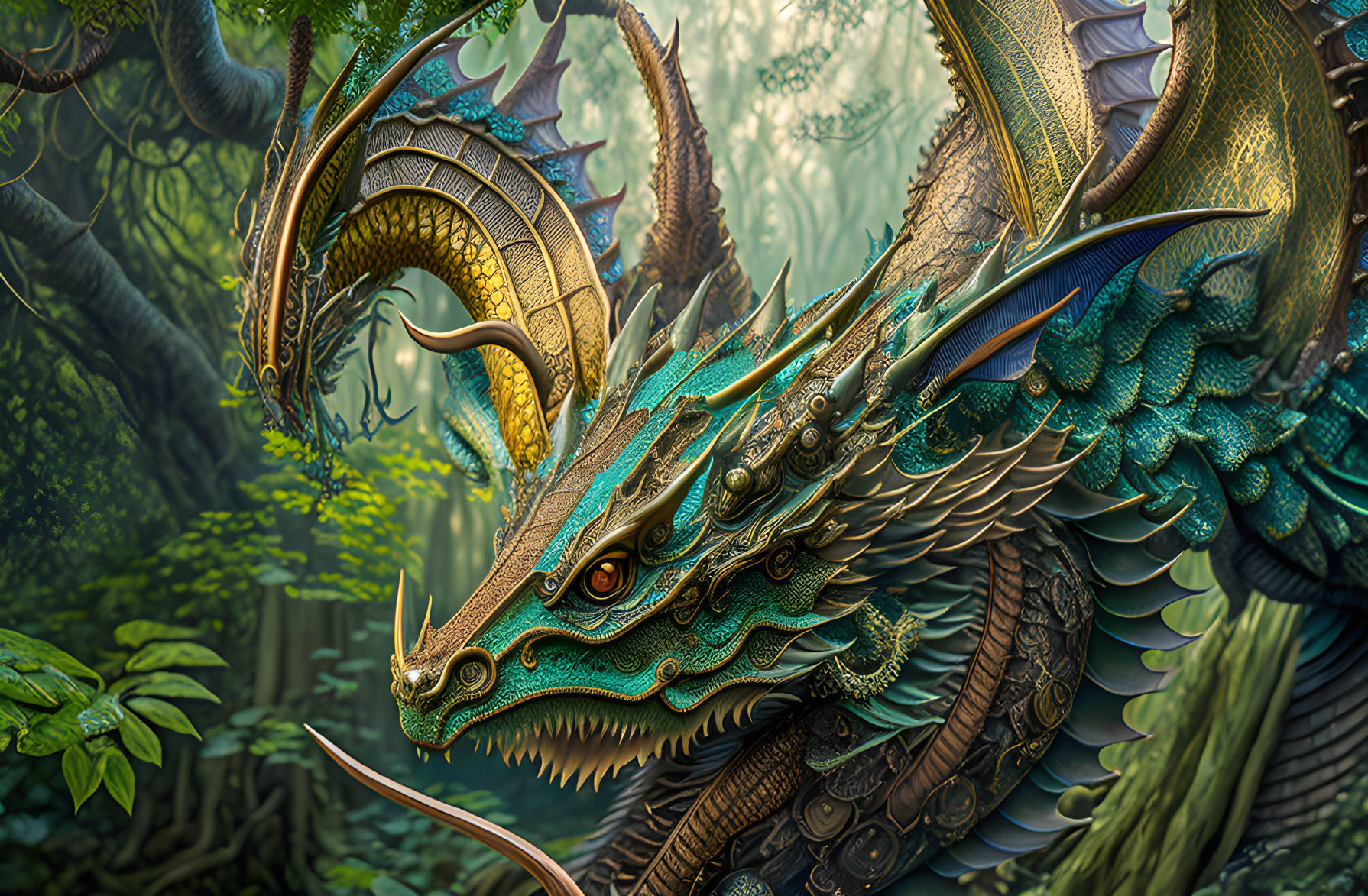 Detailed illustration: Blue and gold dragon in mystical forest