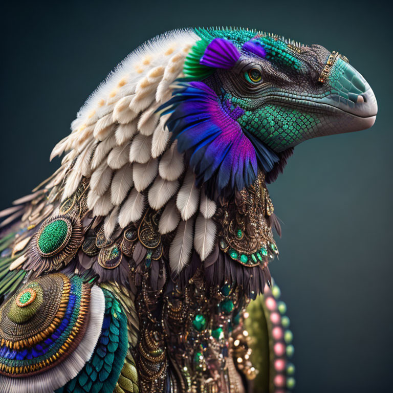 Colorful creature with iridescent scales and vibrant feathers posing elegantly