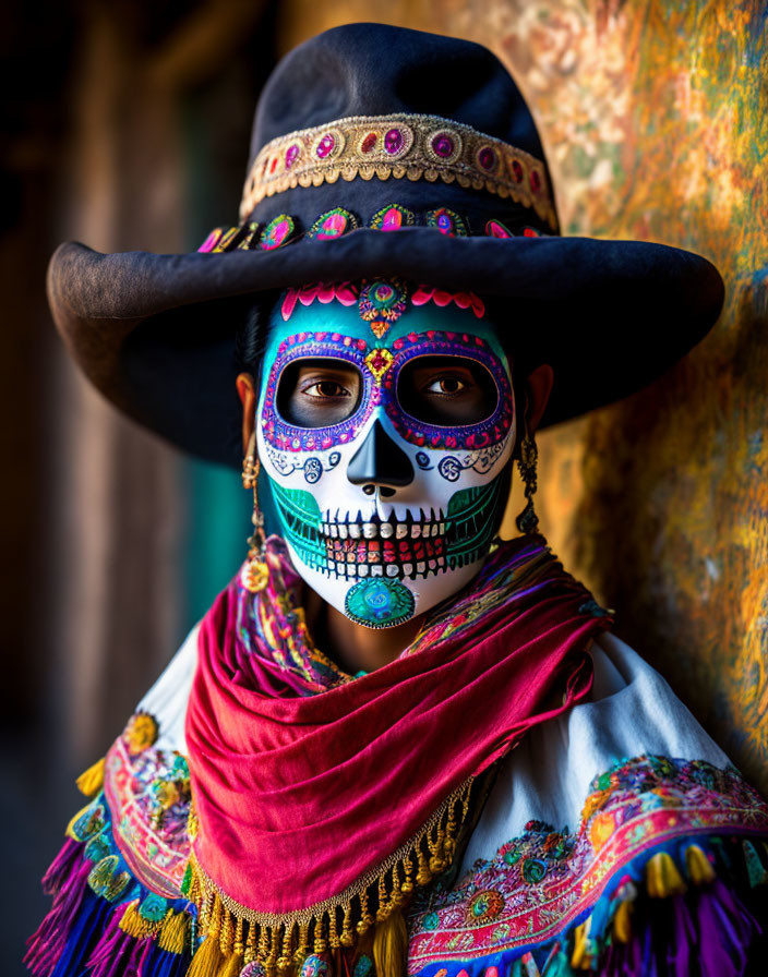 Dia de los Muertos skull makeup with wide-brimmed hat and embroidered shawl.