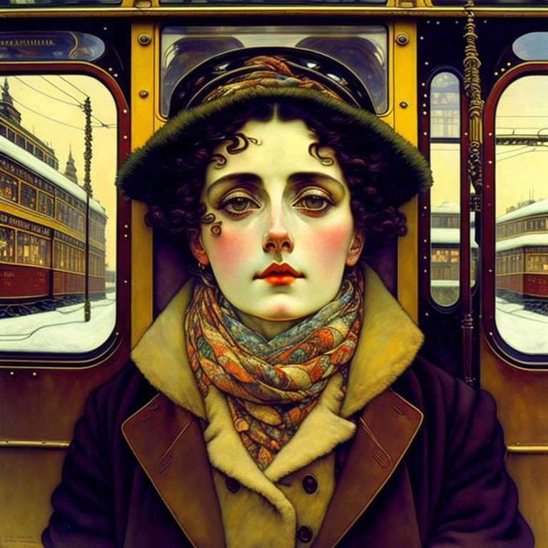 Portrait of a Woman in Vintage Tram with Cityscape Reflections