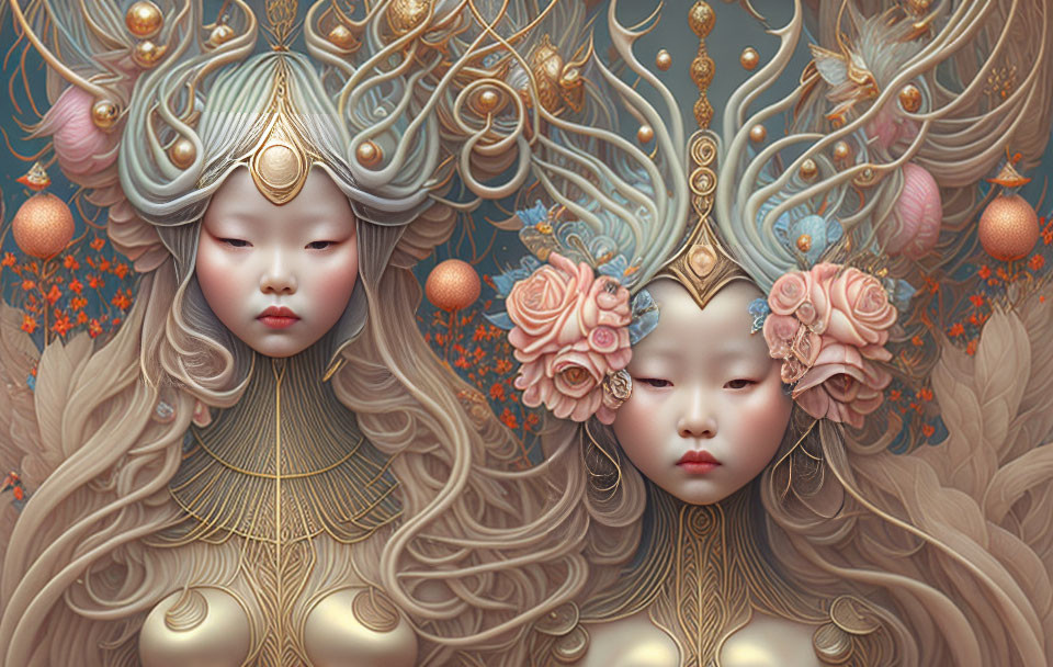 Ethereal figures with golden accessories and floral details on textured background