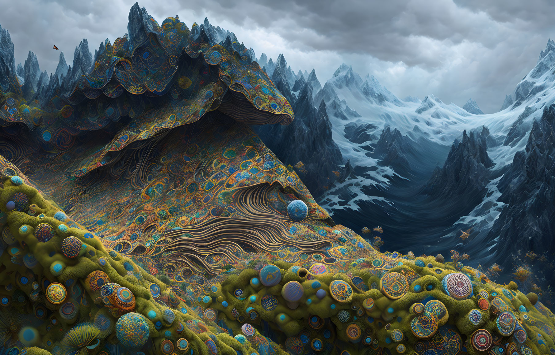 Vibrant surreal landscape: coral-like hills, snowy peaks