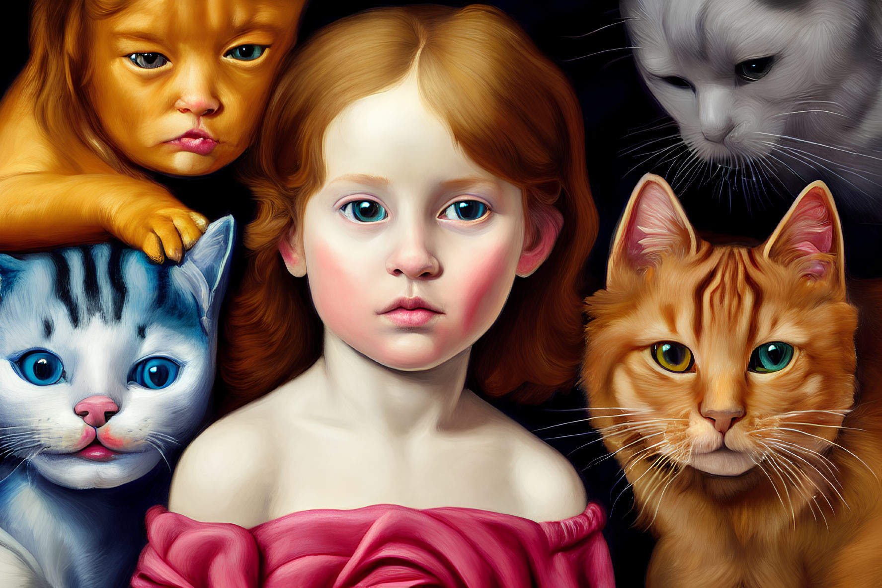 Artwork featuring girl with big blue eyes and four cats with intense eyes on dark background