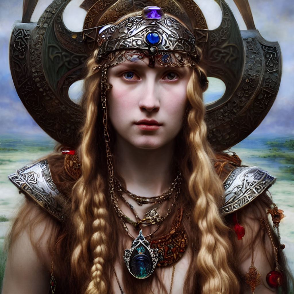 Braided hair woman in ornate helmet and armor with jewels against cloudy sky