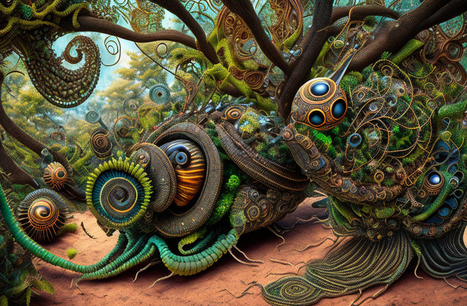 Colorful digital art: intricate fractal patterns with spirals in an alien forest theme.