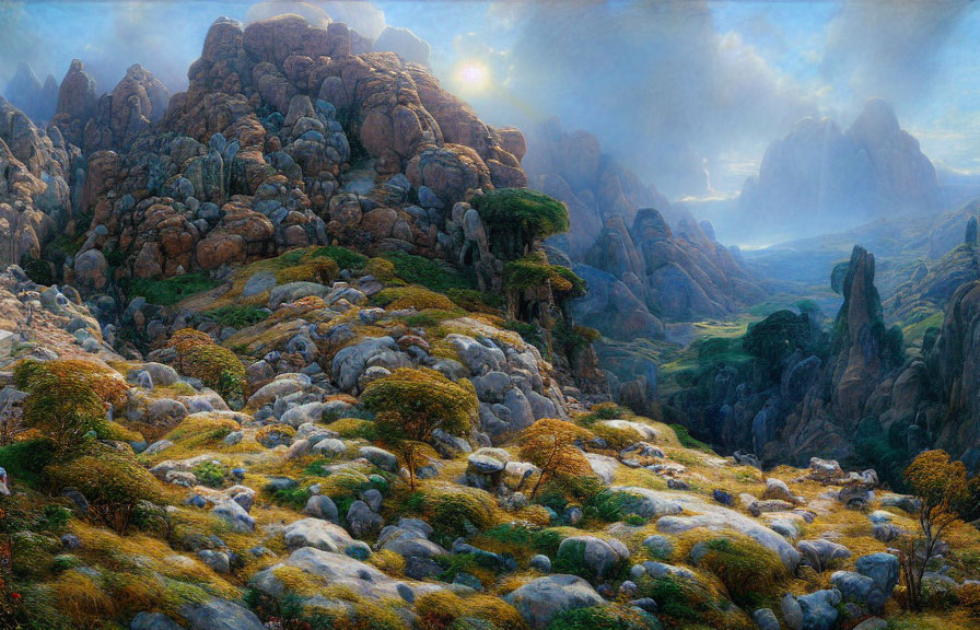 Serene sunset over rocky terrain with lush greenery