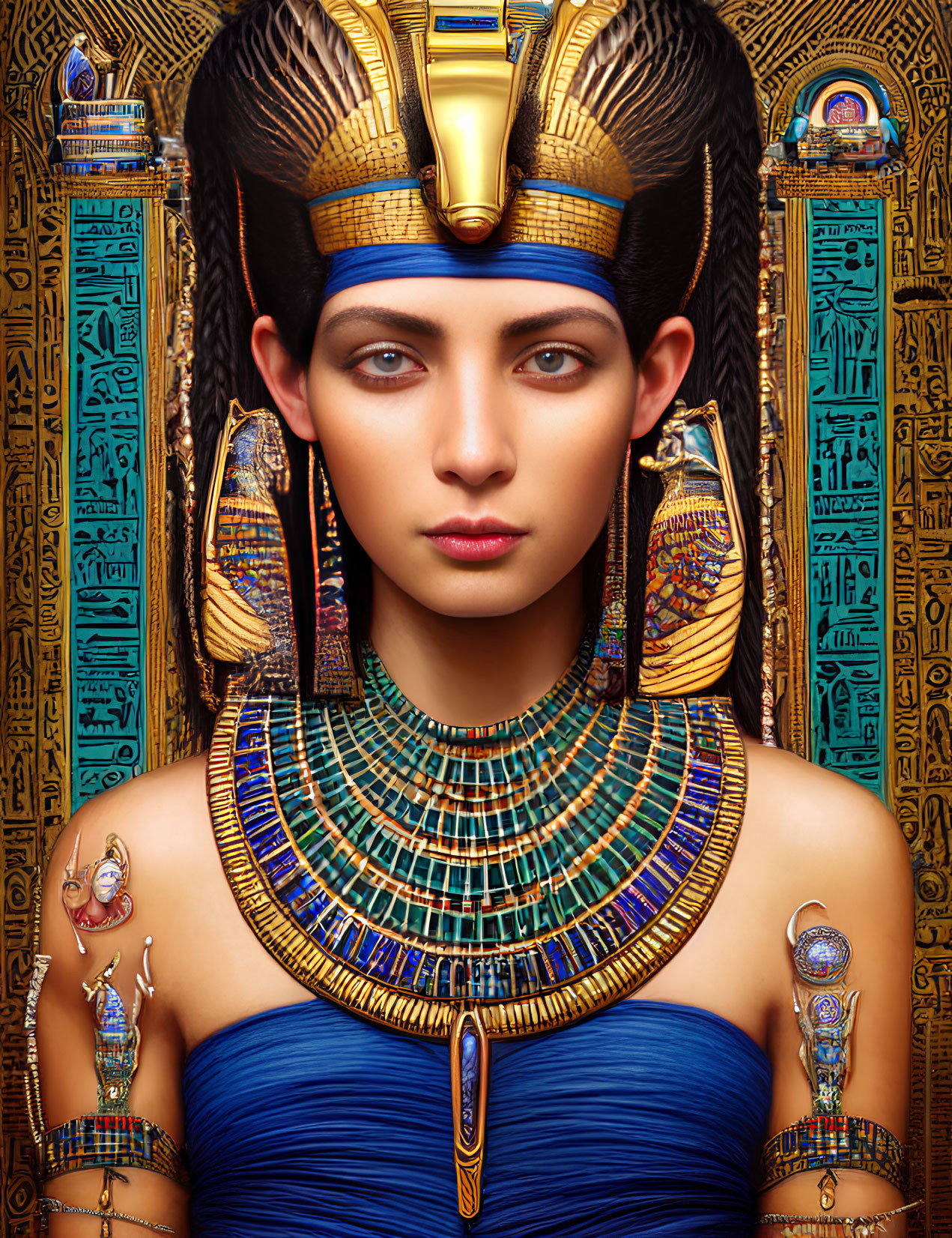 Ancient Egyptian Queen Cleopatra-inspired portrait with headdress and jewelry