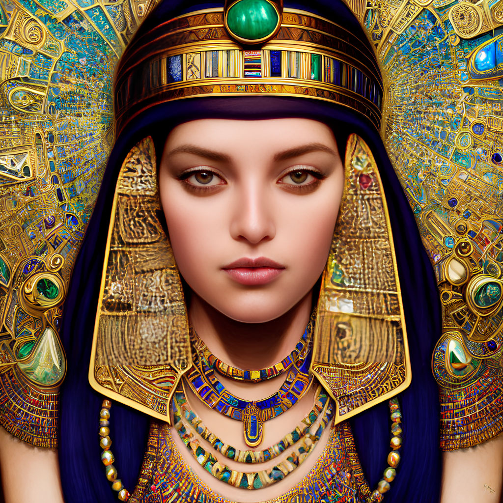 Ancient Egyptian Pharaoh Woman Artwork with Intricate Golden Jewelry