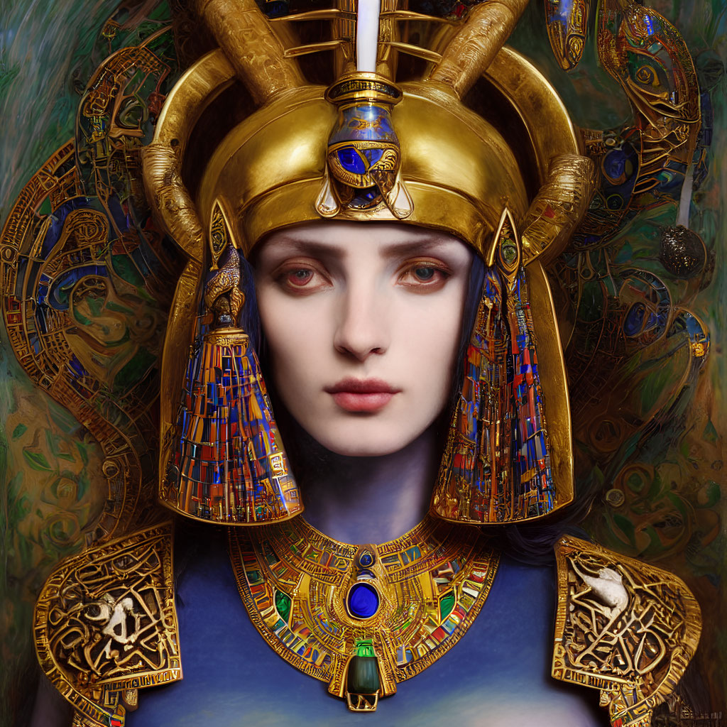 Digital artwork: Person in ornate golden headdress and armor with Egyptian-style motifs