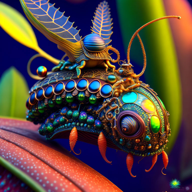 Digital steampunk-style insect with intricate metalwork and jewel-like details on a leaf