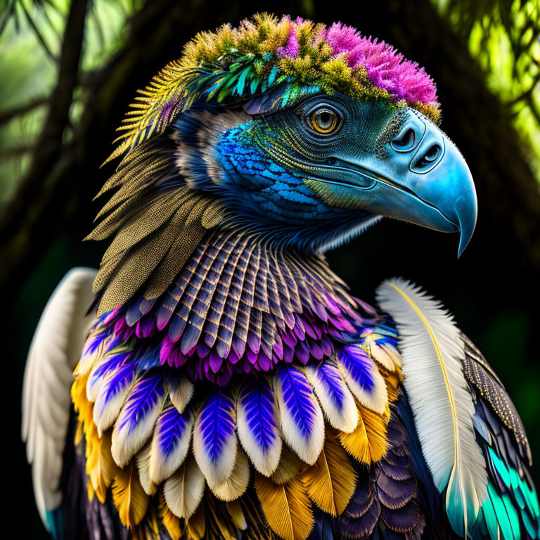 Colorful Bird with Blue Beak & Vibrant Feathers on Green Background