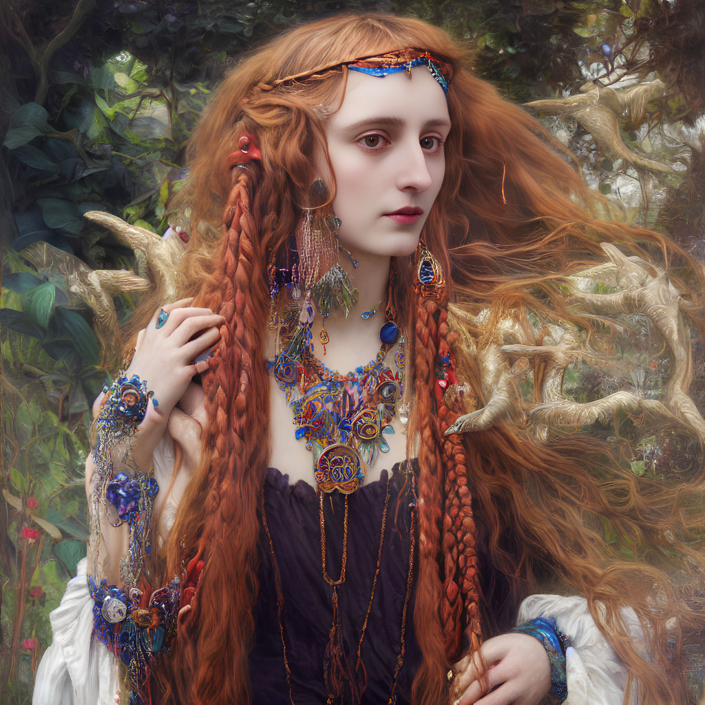 Elaborate Red Braided Hair Woman in Bohemian Outfit