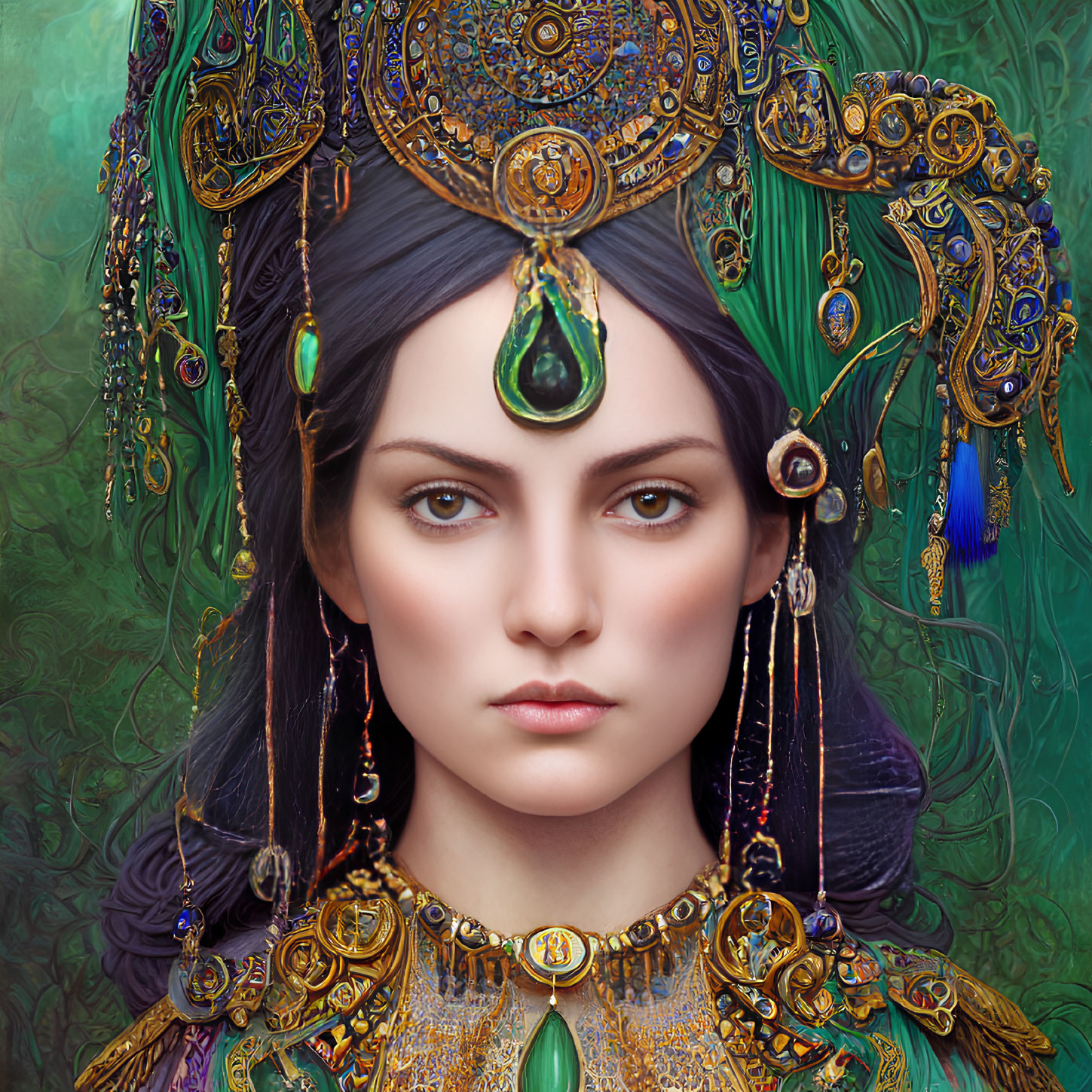 Portrait of Woman with Golden Headdress and Green Gem on Forehead