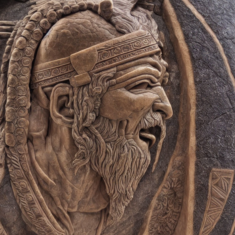 Detailed Stone Relief of Bearded Warrior with Helmet