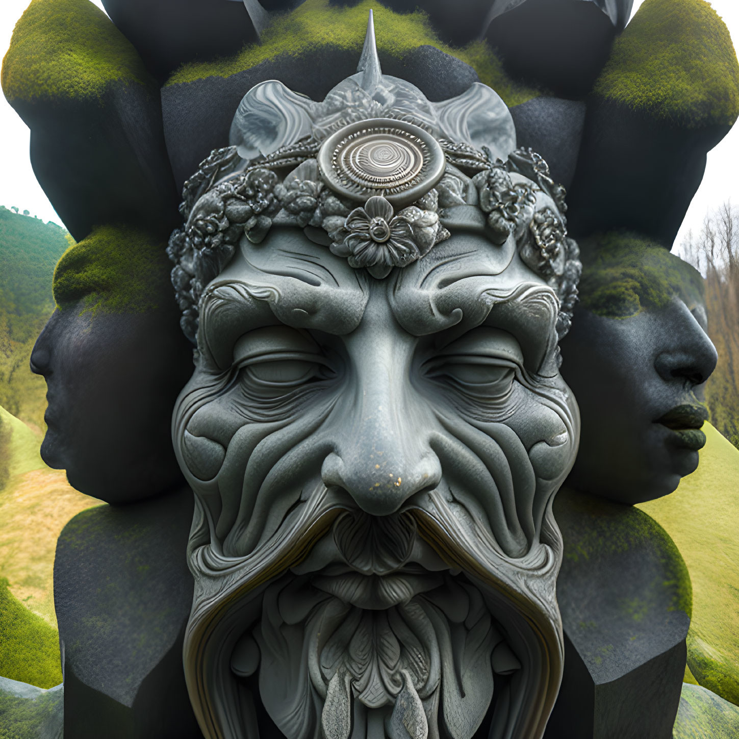 Detailed Sculpture: Central Bearded Face Surrounded by Smaller Heads on Green Background