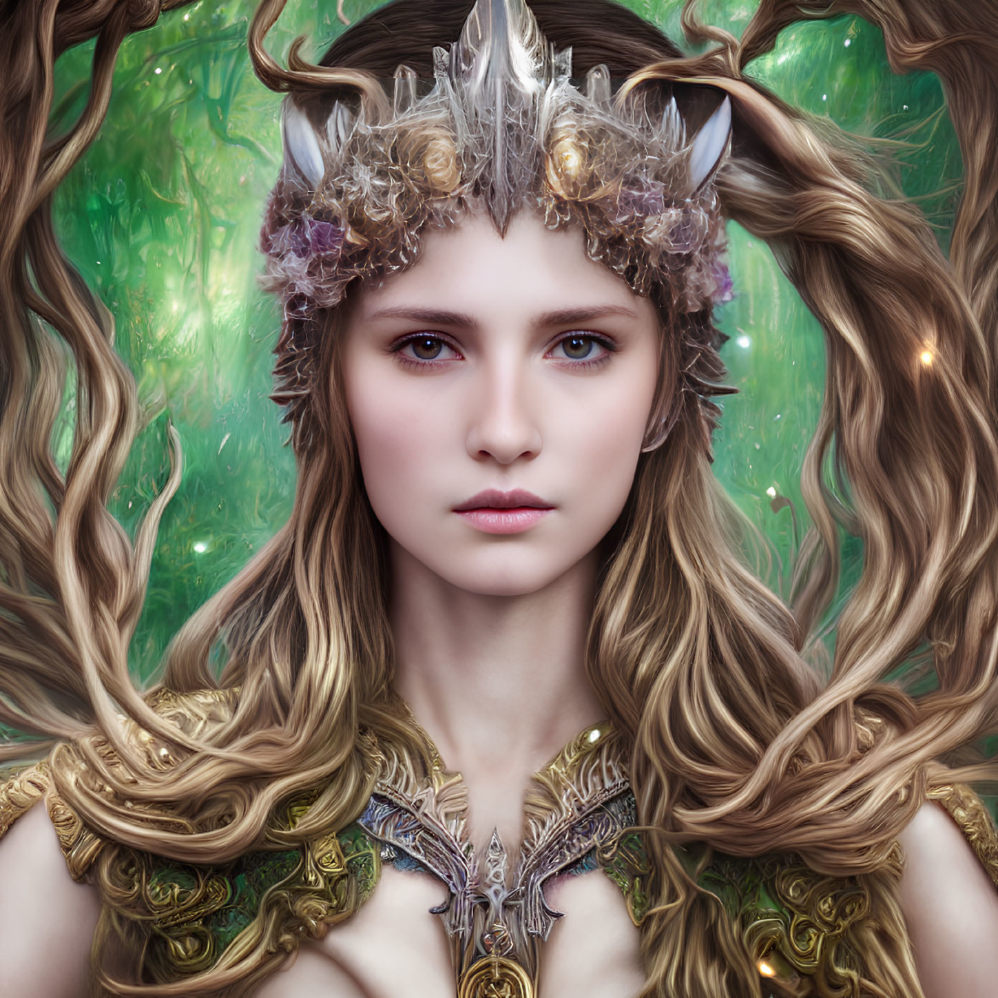 Fantastical female figure in ornate crown and golden armor with mystical green aura and forest backdrop.