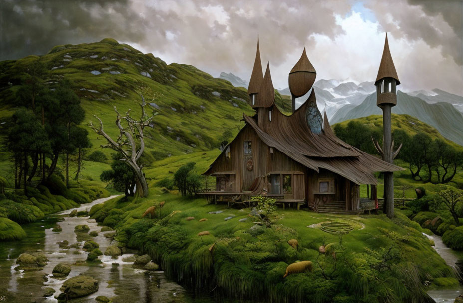 Whimsical wooden house in fantasy landscape with stream