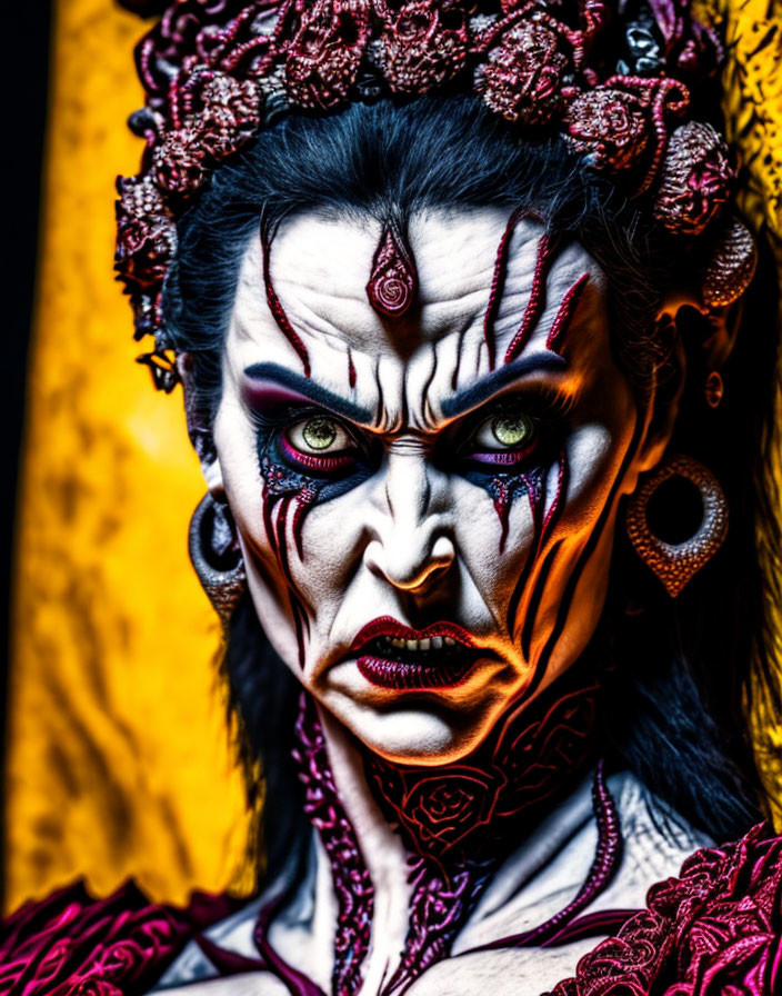 Intense red and black makeup with forehead symbol and decorative headpiece