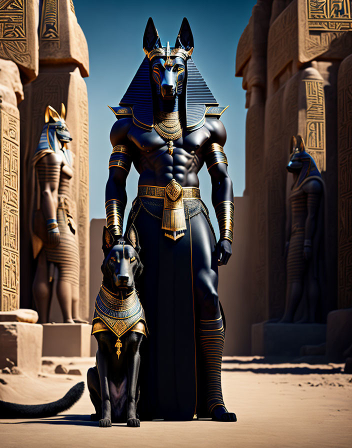 Egyptian god Anubis with jackal head in temple setting among statues and hieroglyphs