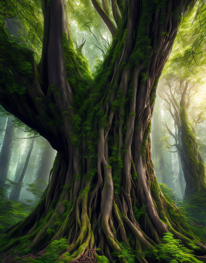 Ancient tree with sprawling roots and moss-covered trunk in misty forest