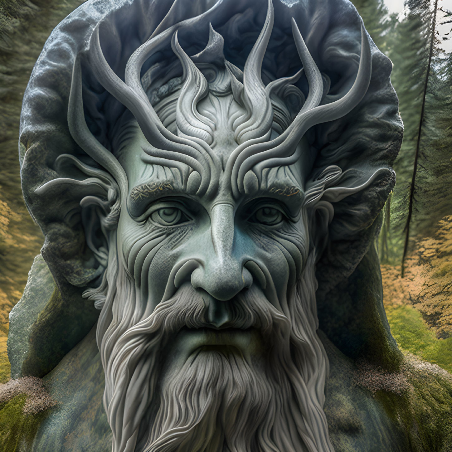 Forest entity with antlers, deep-set eyes, and a beard in woodland setting