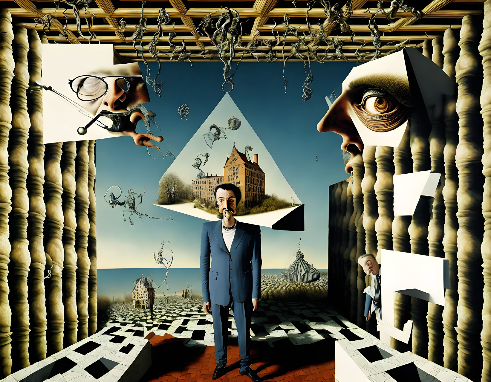 Man in Surreal Artwork with Geometric Shapes and Whimsical Architecture