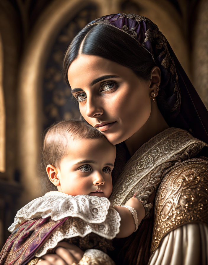 Woman in period attire holding baby against gothic backdrop