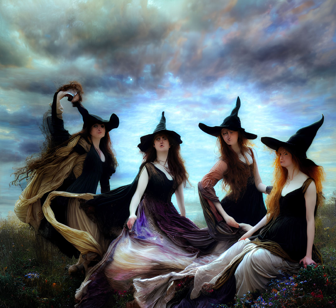 Four Women in Witch Costumes Dancing in Field Under Cloudy Sky