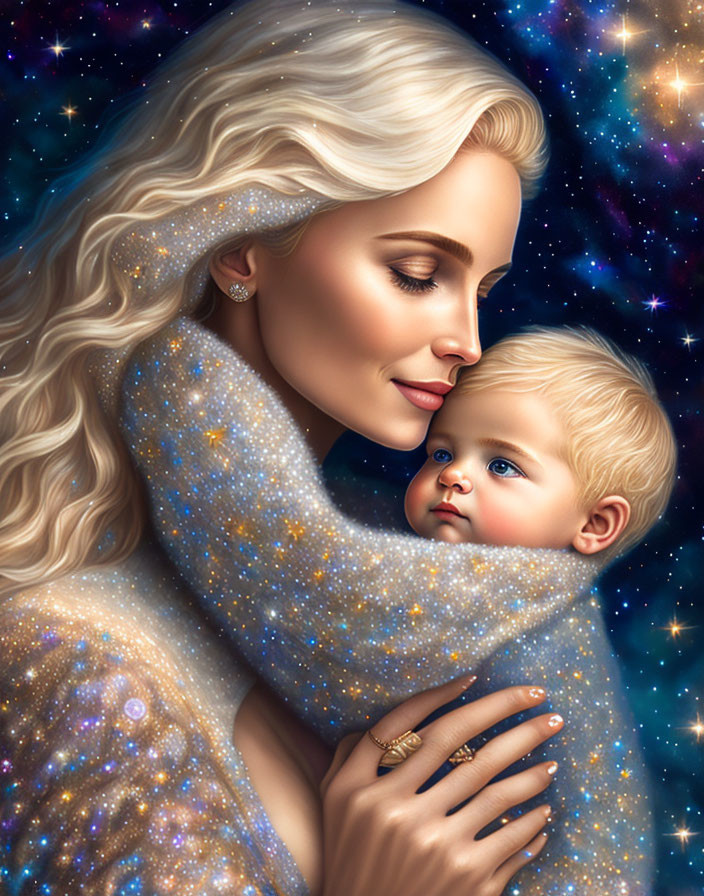 Digital Illustration: Woman with Platinum Blonde Hair Embracing Baby in Starry Shawl