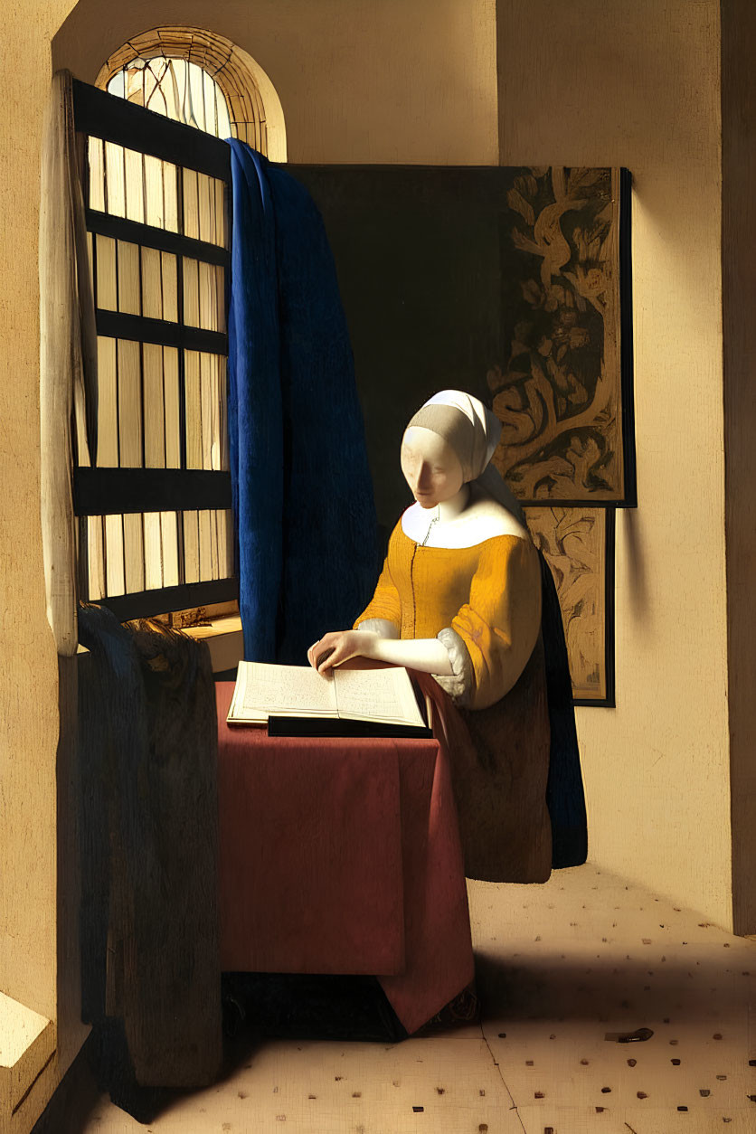 Serene painting of woman in yellow and white attire reading by window