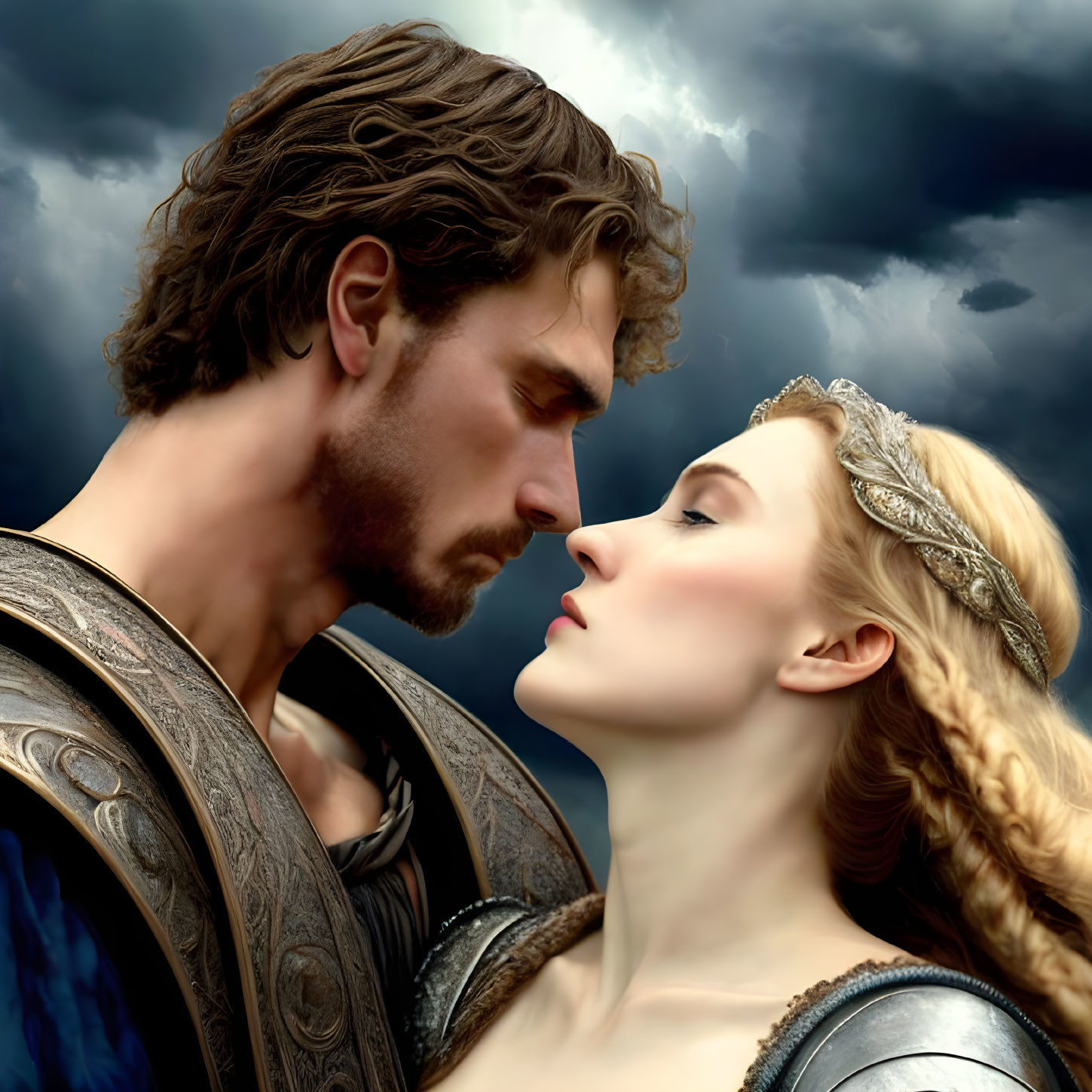 Medieval fantasy man in armor and woman with crown under stormy sky