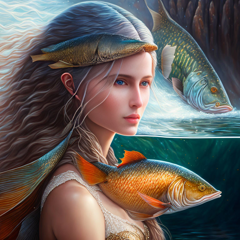 Colorful fantasy illustration: Woman with fish swimming around her head