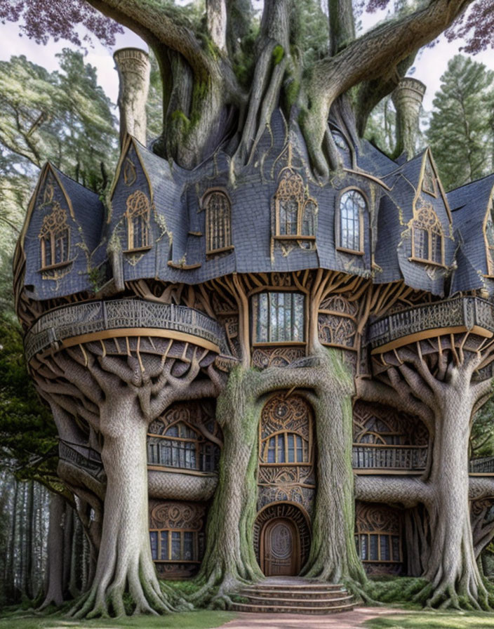 Gothic-style treehouse with pointed arch windows in ancient tree