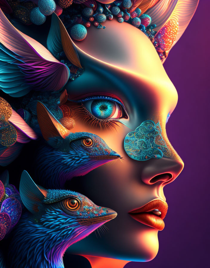 Colorful digital artwork: woman's face with surreal elements, blue birds, ornate motifs, purple