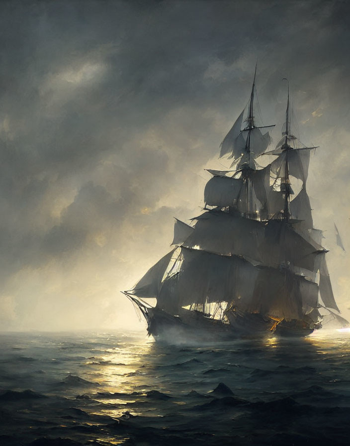 Sailing ship on turbulent seas under stormy sky