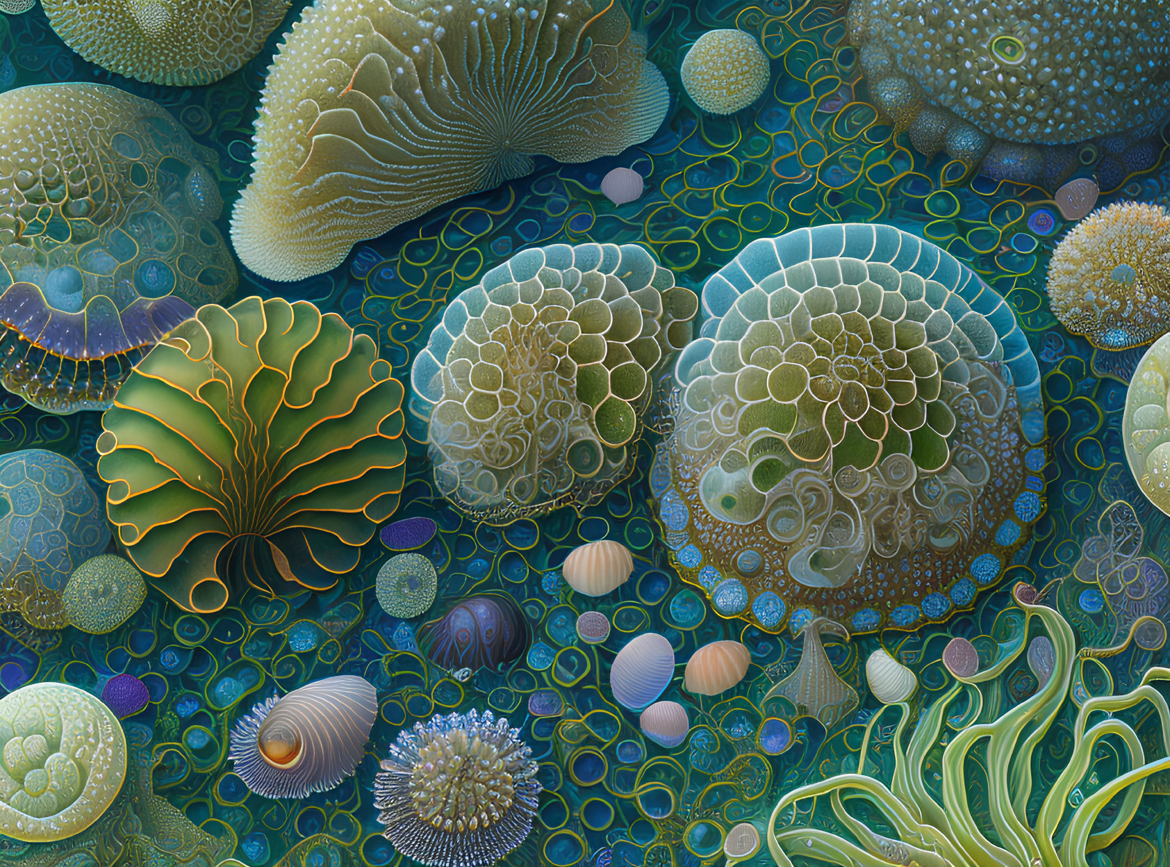 Detailed Illustration of Colorful Corals, Sea Anemones, and Shells in Marine Environment